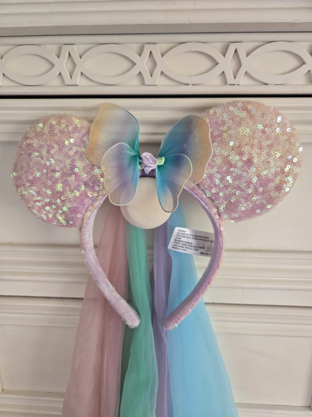 Disney Parks Sequin Minnie Ears Headband with Pastel Rainbow Tulle Streamers